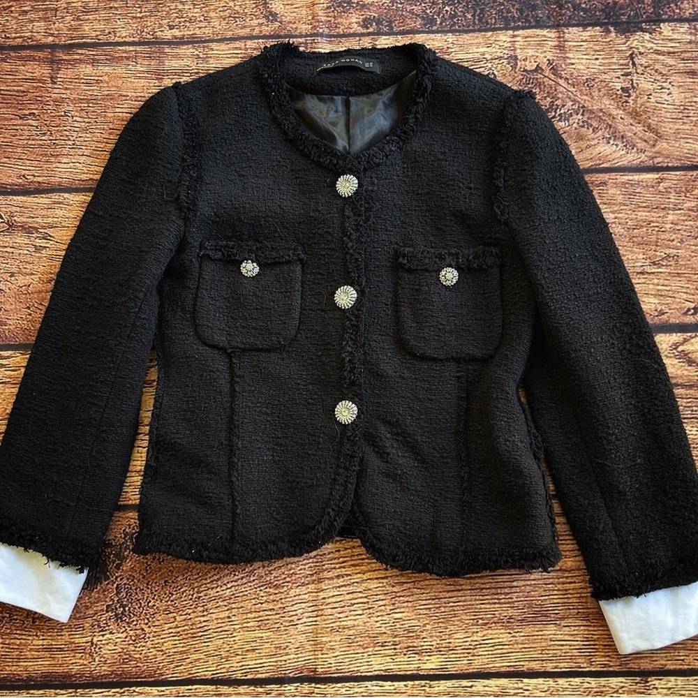 Zara Black Textured Blazer with Silver Buttons Size XS